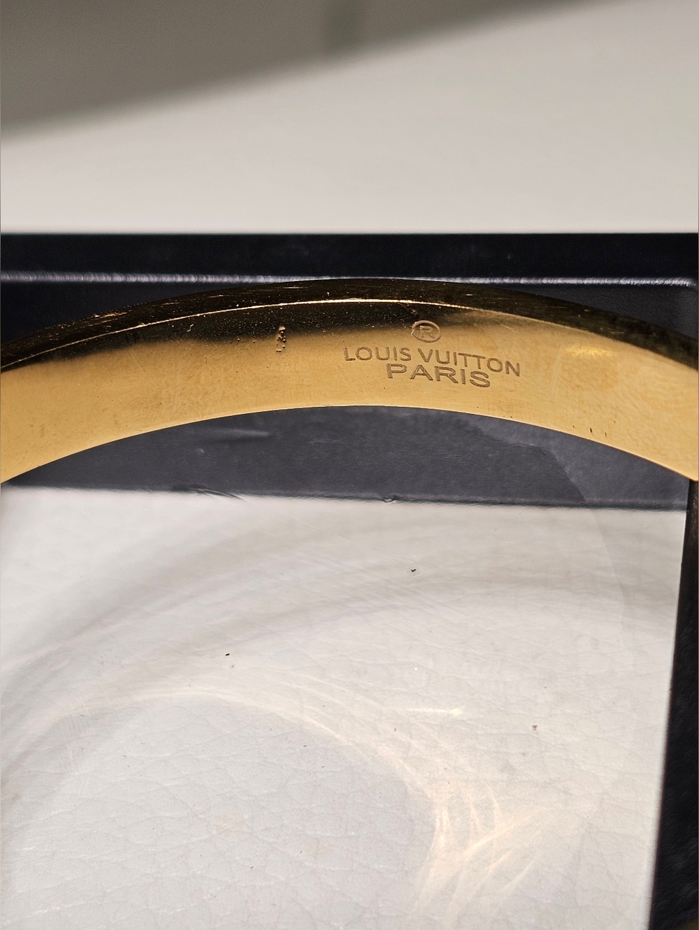 Designer Inspired Stainless Steel Black Enamel & Gold Monogram Bangle - Picture 4 of 7